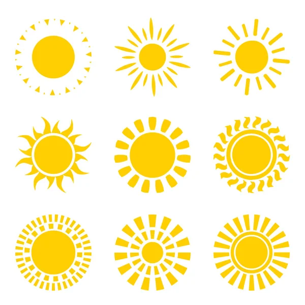 Conjunto Símbolos Icono Sol Amarillo Aislados — Vector de stock