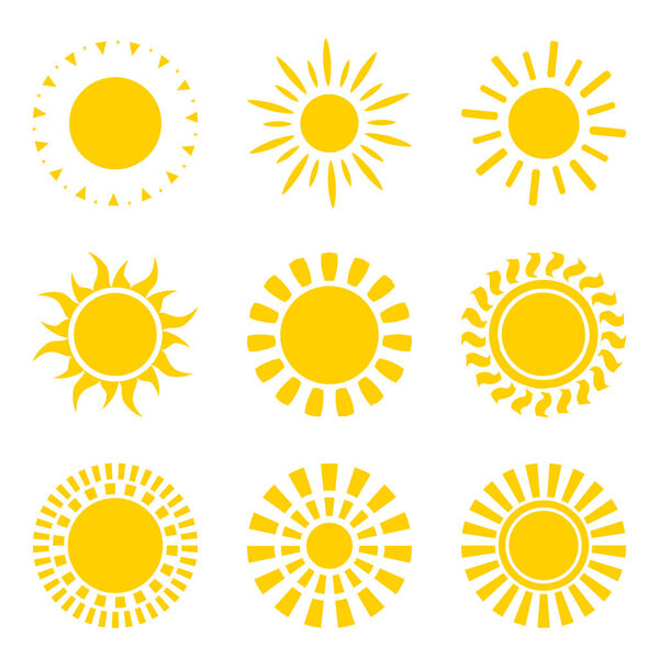 Set of yellow sun icon symbols isolated