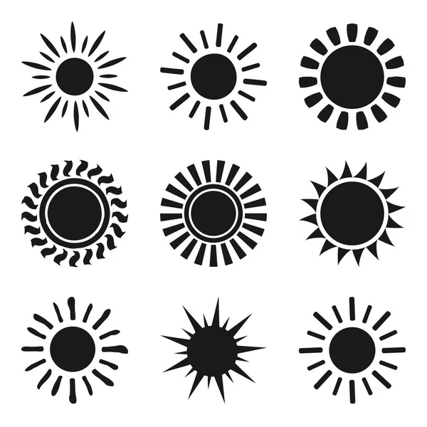 Set Zwarte Zon Pictogram Symbolen Geïsoleerd — Stockvector