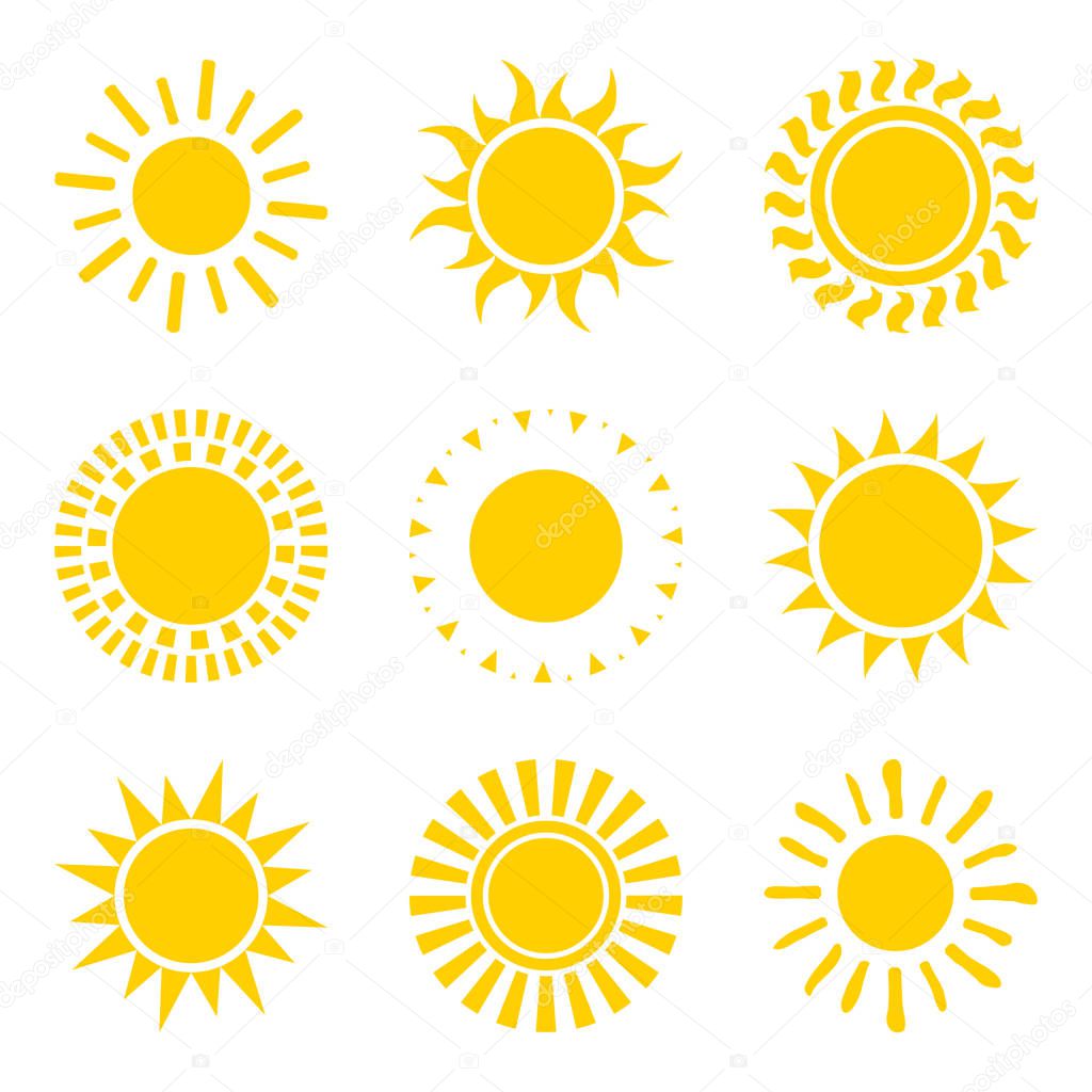 Set of yellow sun icon symbols isolated