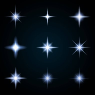 Çeşitli yıldızlı işaret fişeği öğeleri kümesi. Vektör çizim tasarım için ışık efektleri ile.