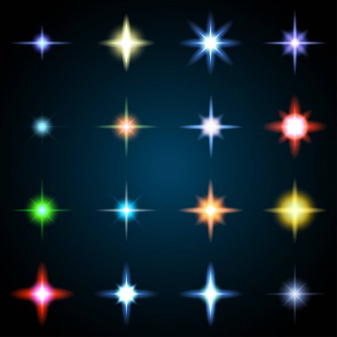 Çeşitli yıldızlı işaret fişeği öğeleri kümesi. Vektör çizim tasarım için ışık efektleri ile.
