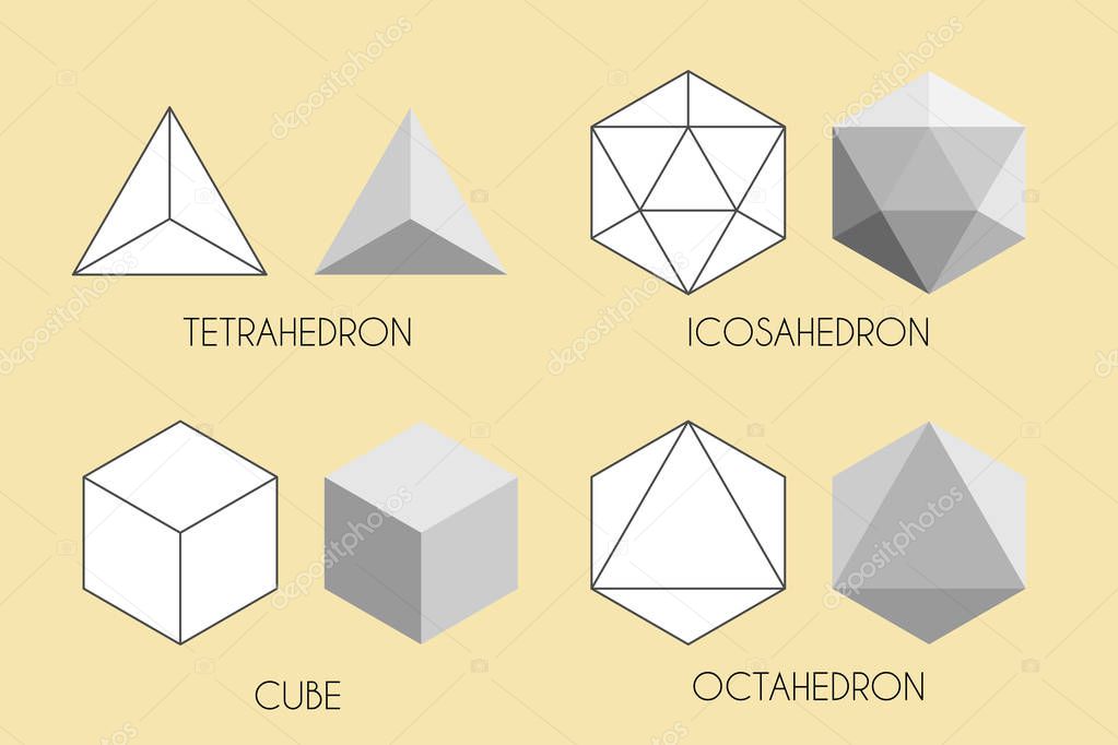 Four Platonic solids. Sacred geometry vector illustration.