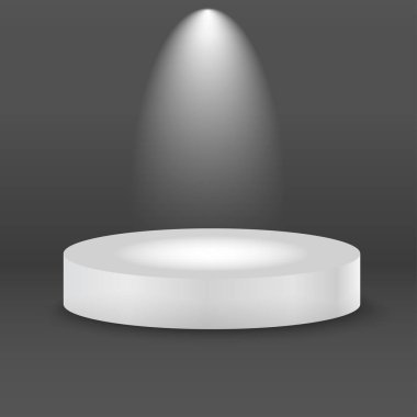 Işık demeti ile yuvarlak beyaz Sahne Podyum. Vektör çizim.