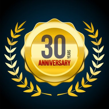 30 yıl yıldönümü altın ve kırmızı logo rozet. Vektör çizim eps10