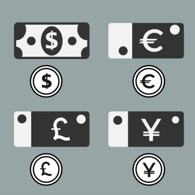 Dolar, Euro, Pound ve Yuan para birimi simgeleri. Kağıt ve metal para Usd, Eur, Gbp ve Cny sembolleri imzala. Düz simgesi işaretçiler.