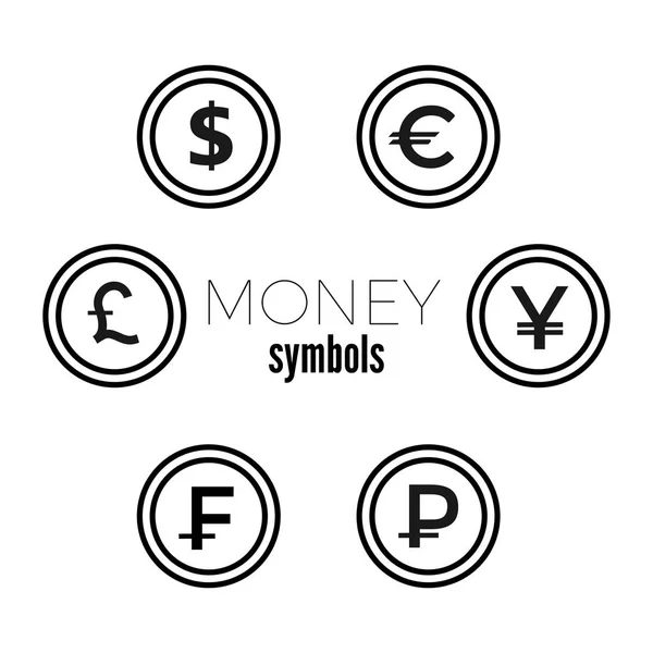 Dólar, Euro, Libra, Yuan Rouble e ícones de moeda franca. USD, EUR, GBP, CNY, CHF, RUB símbolos de sinal de dinheiro. Ponteiros de ícone plano . — Vetor de Stock