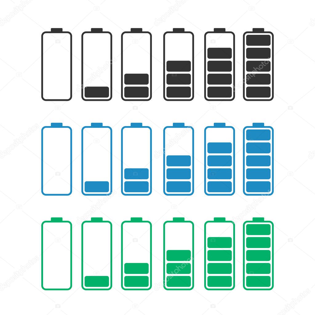 discharged to fully charged batteries in different colors, isolated vector icons