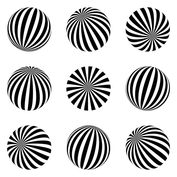 Satz minimalistischer Formen. schwarze und weiße Sphären isoliert. Stilvolle Embleme. Vektorkugeln mit Streifen für Webdesigns. Einfache Schildersammlung. — Stockvektor