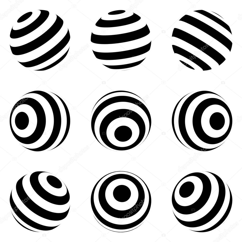 Set of minimalistic shapes. black and white spheres isolated. Stylish emblems. Vector spheres with stripes for web designs. Signs collection.