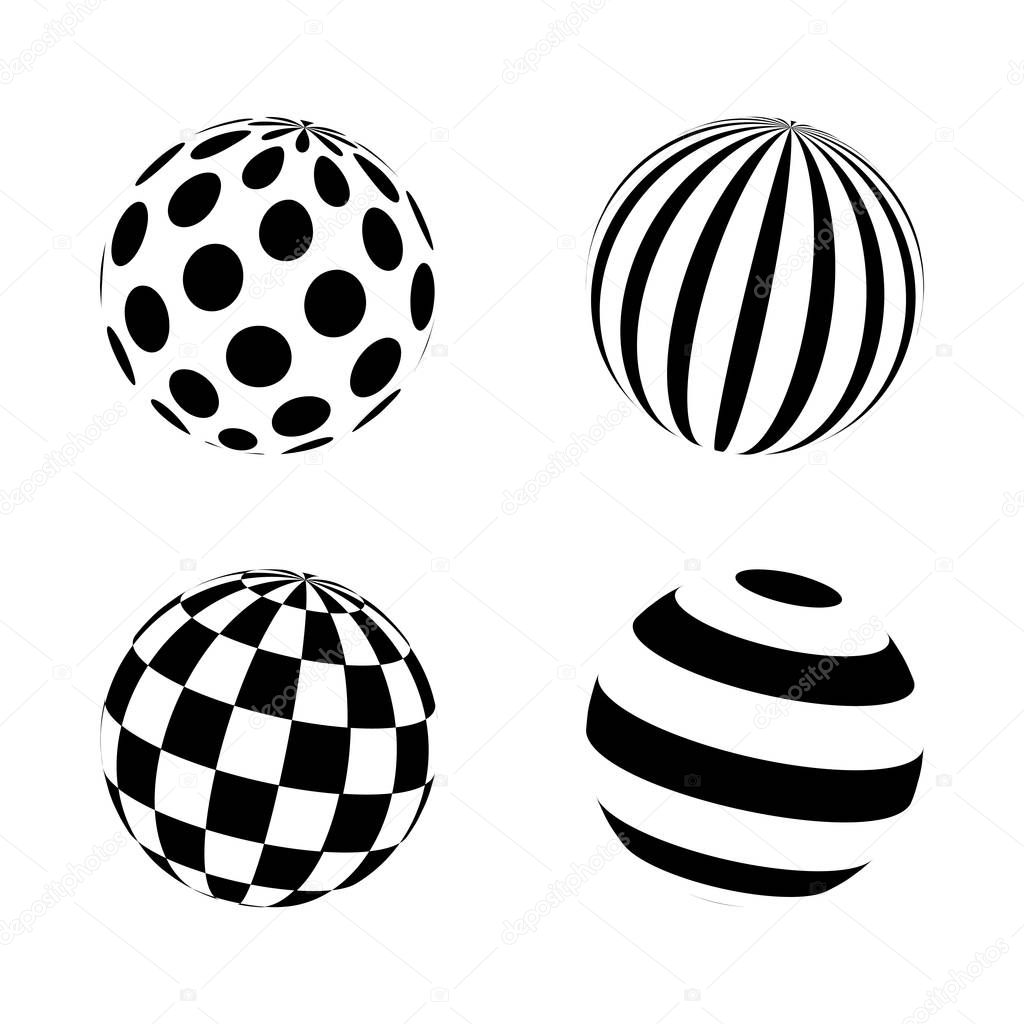 Set of minimalistic shapes. black and white spheres isolated. Stylish emblems. Vector spheres with dots, stripes, squares for web designs. Signs collection.