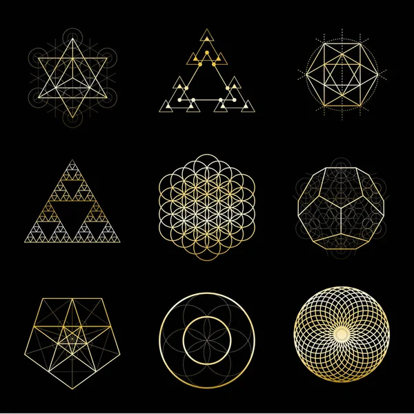 Ιερή γεωμετρία χρυσή διανυσματική σχεδίαση στοιχεία συλλογή. Αλχημεία, θρησκεία, φιλοσοφία, πνευματικότητα, hipster σύμβολα. — Διανυσματικό Αρχείο