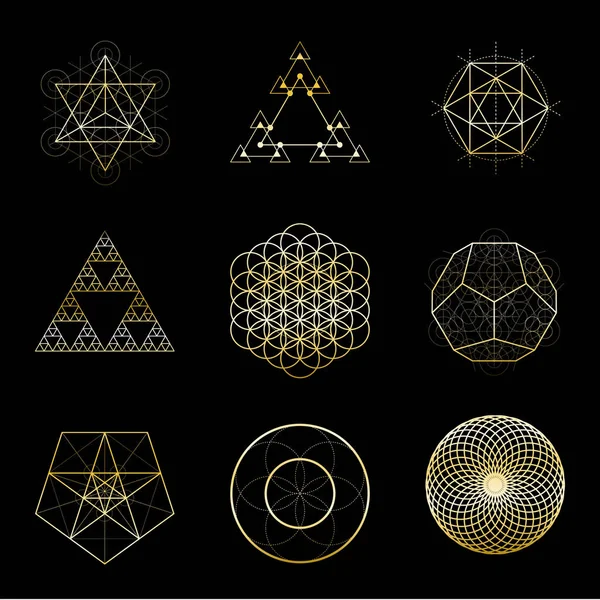 Kutsal geometri altın vektör tasarım öğeleri koleksiyonu. Simya, din, felsefe, maneviyat, hipster sembolleri.