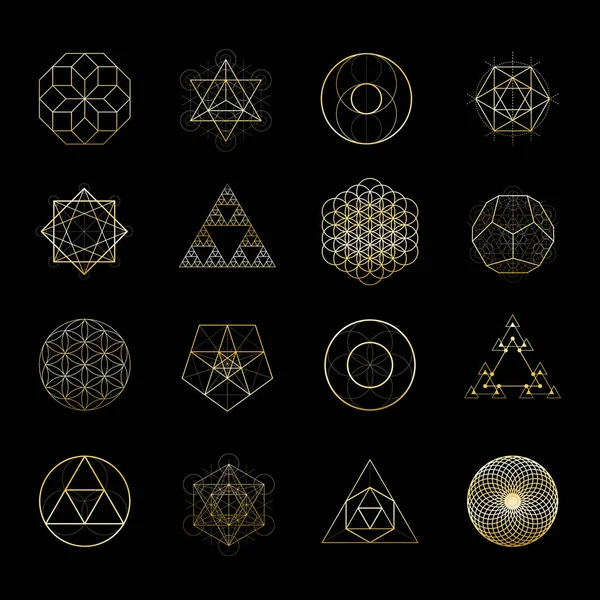 Kutsal geometri altın vektör tasarım öğeleri koleksiyonu. Simya, din, felsefe, maneviyat, hipster sembolleri.