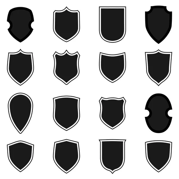 Набор значков формы щита. Черный знак знаки изолированы на белом фоне. Символ защиты, оружия, безопасности, безопасности. Плоский стиль ретро . — стоковый вектор