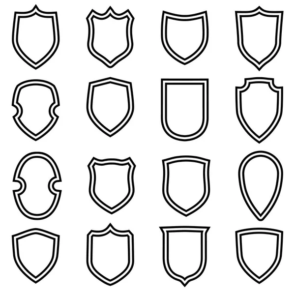 Icônes en forme de bouclier. Panneaux d'étiquette de circuit isolés sur fond blanc. Symbole de protection, armes, sécurité, sûreté. Design plat de style rétro . — Image vectorielle