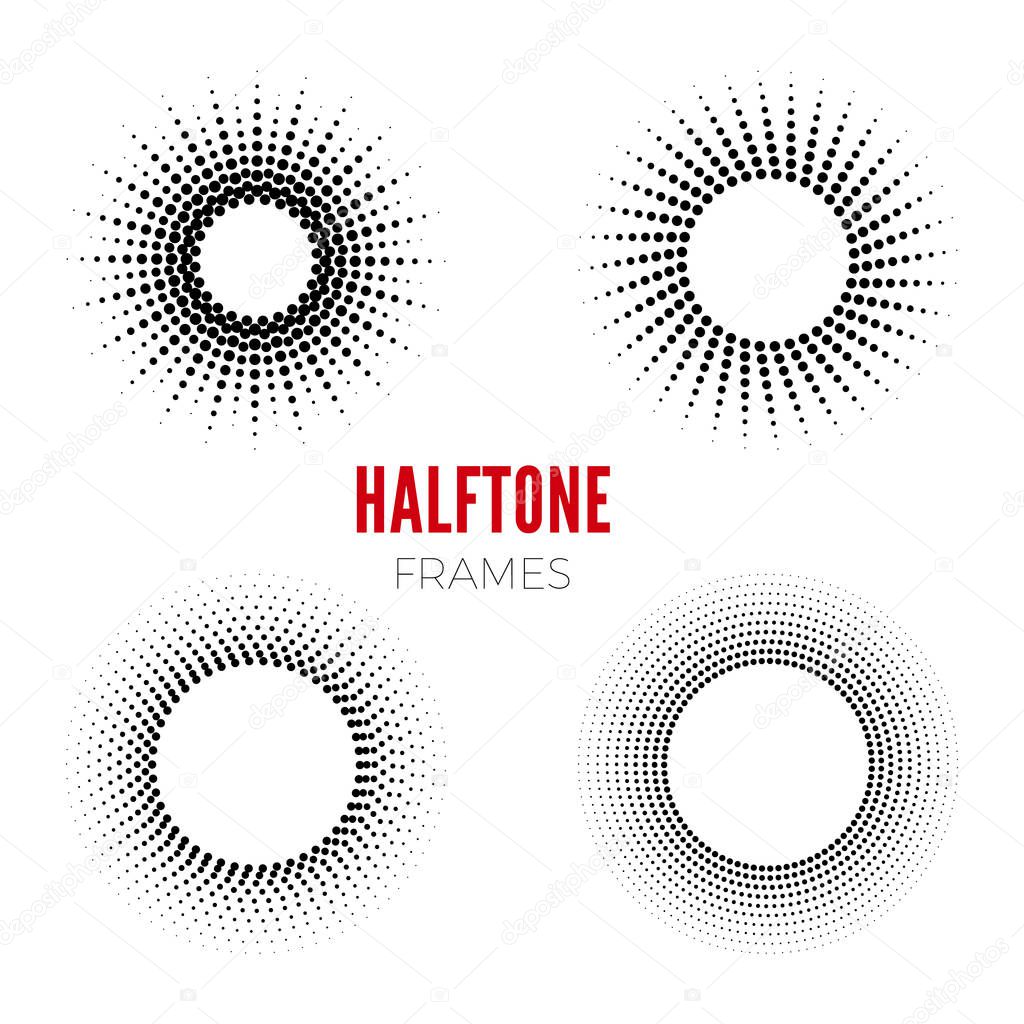Set of round halftone frames. Abstract vector design elements