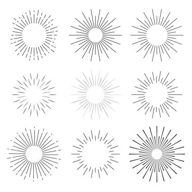 Soyut güneş patlamaları ayarlayın. Bir yıldızın Vintage patlaması. Geometrik tarzda elle Retro çerçeveler.