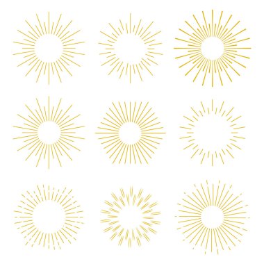 Soyut güneş patlamaları ayarlayın. Bir yıldızın Vintage patlaması. Geometrik tarzda elle Retro çerçeveler.