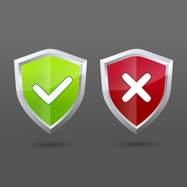 Set of informatic shield icons. Check and cross for accept or decline choice — Stock Vector