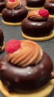 Çatalla browni yemek. Çikolatalı pastadan çikolata kremalı ve ahududulu bir ısırık almak. Yüksek kalite 4k görüntü