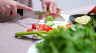 Hintli Asyalı çift mutfakta, birlikte sebze doğruyor, modern mutfaklarında yemek hazırlarken konuşuyor ve sarılıyorlar. Yüksek kalite 4k görüntü