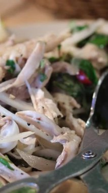 Ev mutfağında salata hazırlıyorum. Hamile kız mevsimleri mayonez ve karışımlı doğranmış salata. Yüksek kalite 4k görüntü