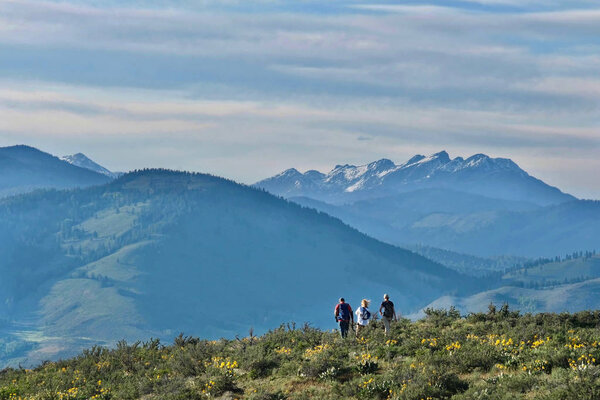 Активный отдых в Вашингтоне. Группа друзей гуляет по лугам в горы. Национальный парк Северный Каскад. Уинтроп. WA. Соединенные Штаты Америки
