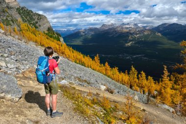 Dağın tepesindeki kadın, yukarıdan manzaralı dağlara ve sarı tarla ağaçlarına bakıyor. Lake Louise bölgesindeki Fairview dağ yolu. Banff Ulusal Parkı. Alberta. Kanada.