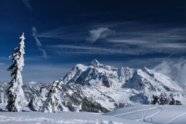 Baker Dağı kayak alanındaki dağların güzel manzaralı taze kar üzerinde kayak izleri. Kar yağdıktan sonra Artist Point platosuna taze ve yoğun kar yağdı. Kuzey Şelale Dağları 'ndaki kış manzarası. - Washington. Usa