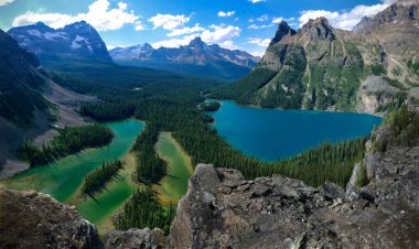 Yukarıdan renkli buzul göllerinin manzarası. Kanada Kayalıkları. O 'Hara Gölü. Yoho Ulusal Parkı, British Columbia. Kanada 