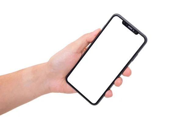 Beyaz arkaplanda yeni bir akıllı telefon var. 