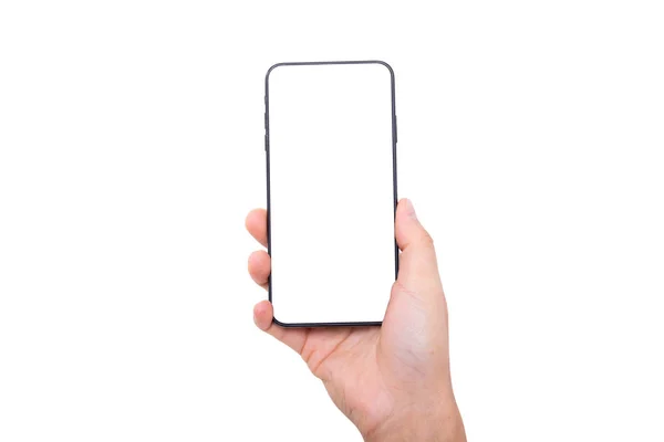 Hand holding new smartphone on white background — Stock Photo, Image