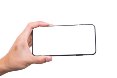 Beyaz arkaplanda yeni bir akıllı telefon var. 