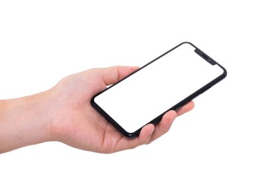 Beyaz arkaplanda yeni bir akıllı telefon var. 