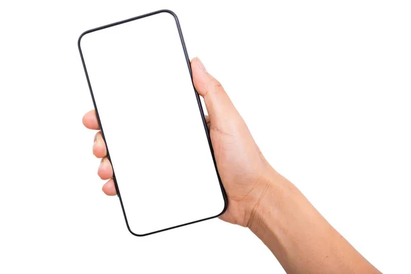 Hand hält neues Smartphone auf weißem Hintergrund — Stockfoto