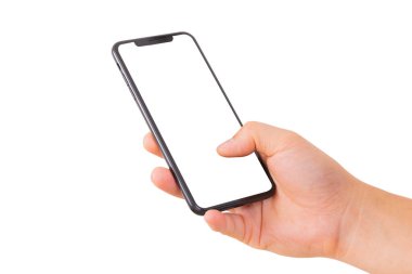 Tek El beyaz arka planda yeni bir akıllı telefon tutuyor. Akıllı telefon izole et.