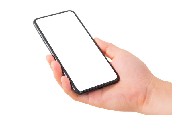 Tek El beyaz arka planda yeni bir akıllı telefon tutuyor. Akıllı telefon izole et.