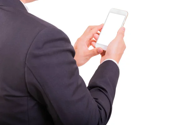 İş adamı yeni akıllı telefon tutarken akıllı telefon kullanır ve beyaz arka plan, dikiz aynasından bakar. İş konsepti.