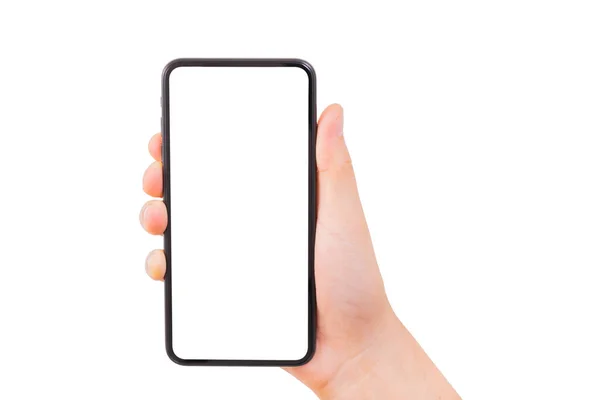 一只手拿着新的智能手机在白色背景上垂直观看 智能手机隔离 — 图库照片