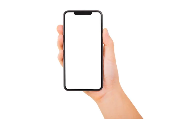 Tek El beyaz arka planda yeni bir akıllı telefon tutuyor. Akıllı telefon izole et.