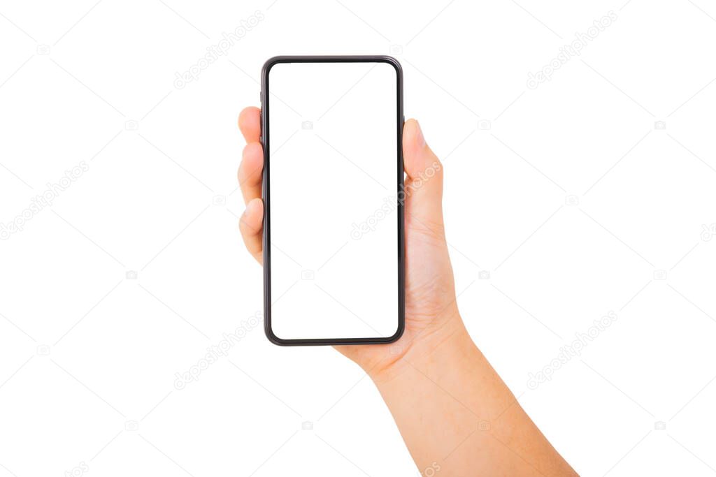 One Hand holding new smartphone on over white background. Smartphone isolate.