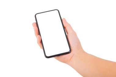 Tek El beyaz arka planda yeni bir akıllı telefon tutuyor. Akıllı telefon izole et.