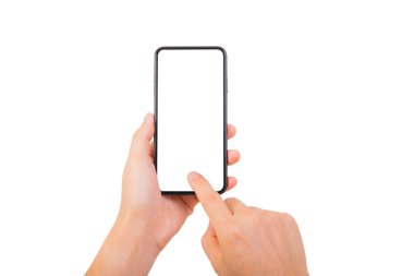 Akıllı Telefonun Siyah Rengi ve işaret parmağı, işaret parmağı, düğmenin üzerindeki ikinci parmak beyaz arka plandaki ev telefonu