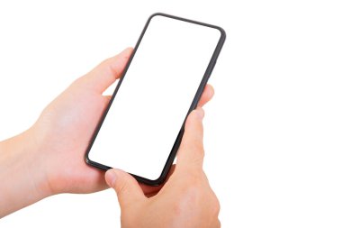 Tek El beyaz arka planda yeni bir akıllı telefon tutuyor. Akıllı telefon izole et.