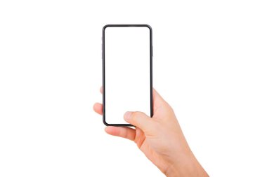 El ele tutuşan akıllı telefon ve beyaz arka plandaki yeni akıllı telefon evine başparmak basmak