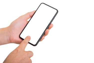 Akıllı Telefonun Siyah Rengi ve işaret parmağı, işaret parmağı, düğmenin üzerindeki ikinci parmak beyaz arka plandaki ev telefonu