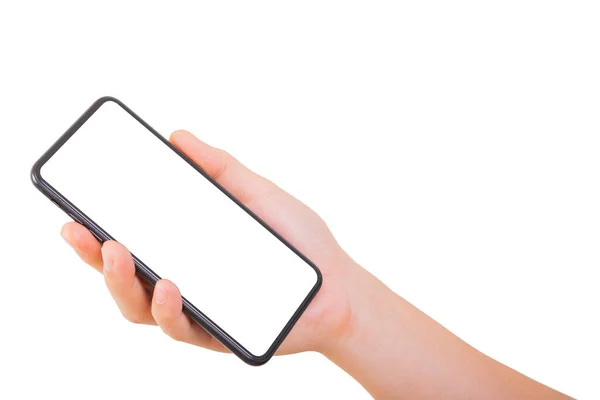 Tek El beyaz arka planda yeni bir akıllı telefon tutuyor. Akıllı telefon izole et.