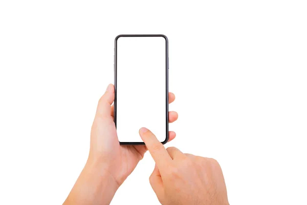 Akıllı Telefonun Siyah Rengi ve işaret parmağı, işaret parmağı, düğmenin üzerindeki ikinci parmak beyaz arka plandaki ev telefonu