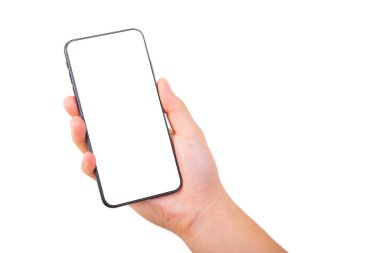 Tek El beyaz arka planda yeni bir akıllı telefon tutuyor. Akıllı telefon izole et.